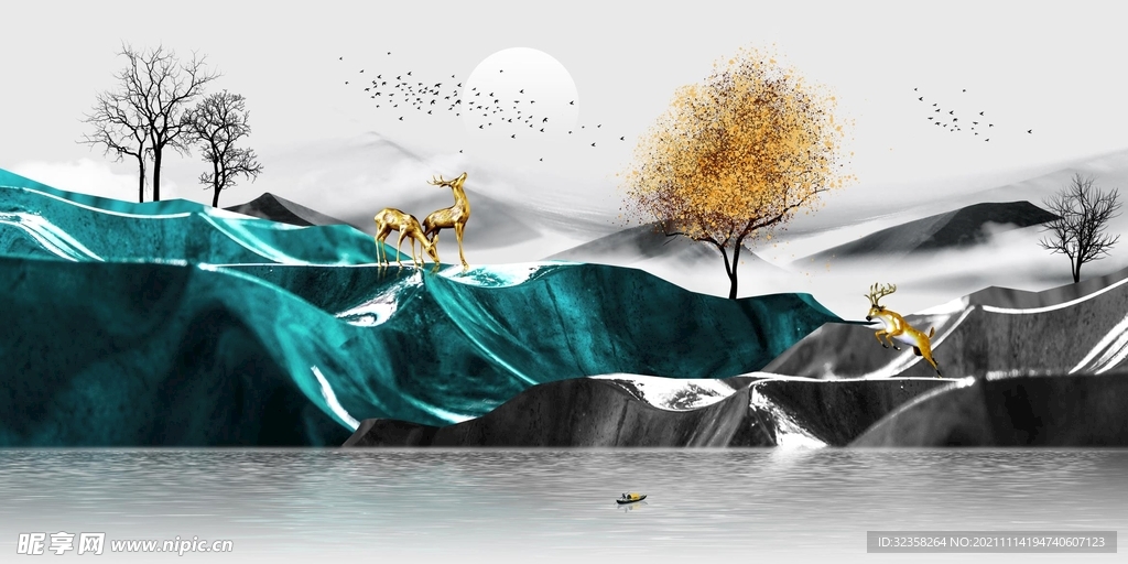 金色麋鹿意境山水装饰画