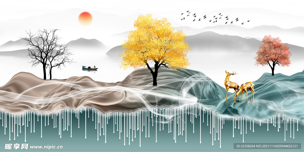 金色线条麋鹿意境山水装饰画