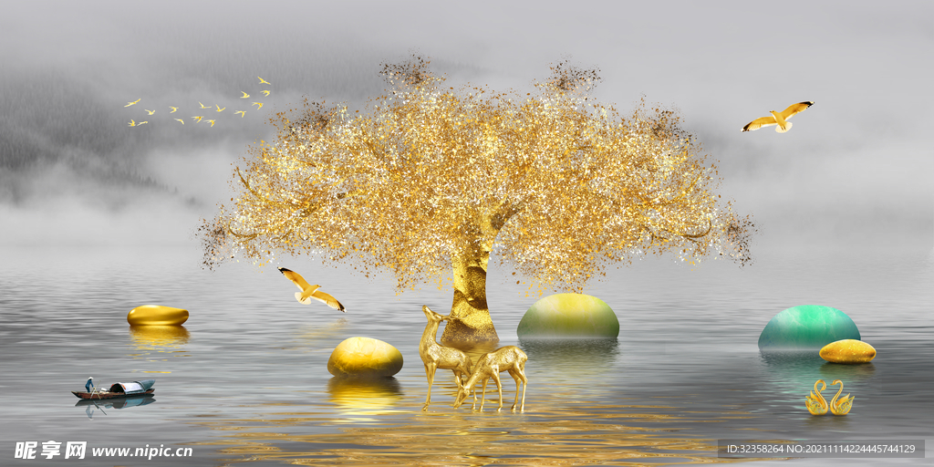 金色麋鹿山水装饰画