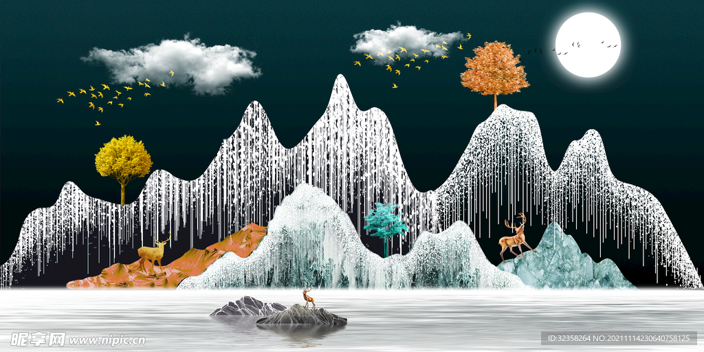 金色线条麋鹿意境山水装饰画