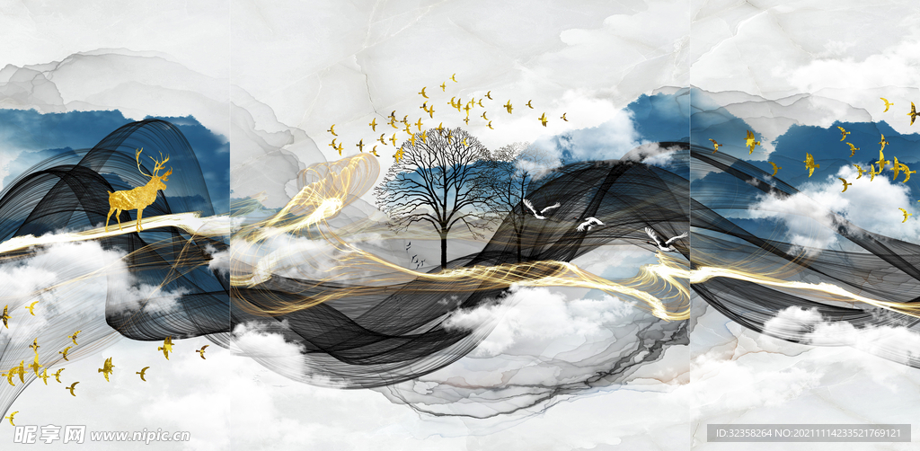 金色麋鹿意境山水装饰画