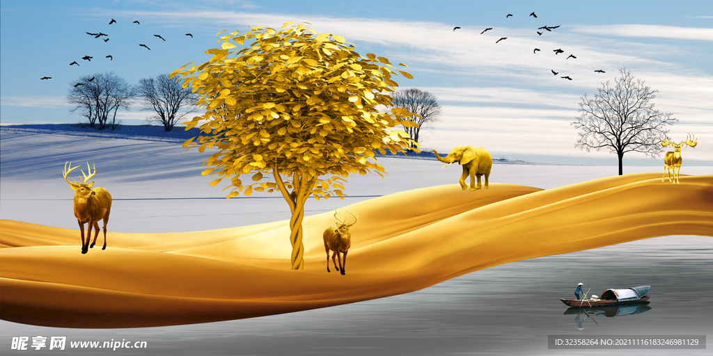 金色山水麋鹿晶瓷画