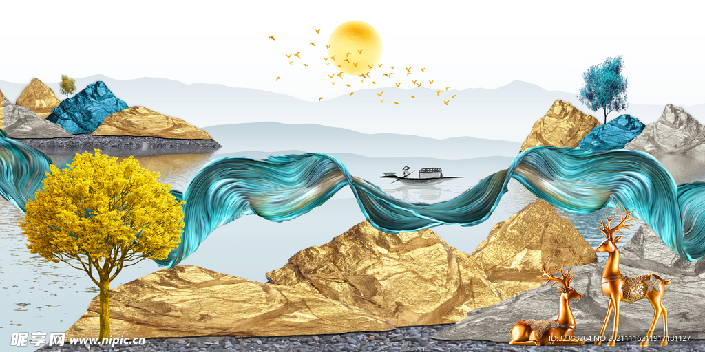 飘带金色麋鹿意境山水晶瓷画