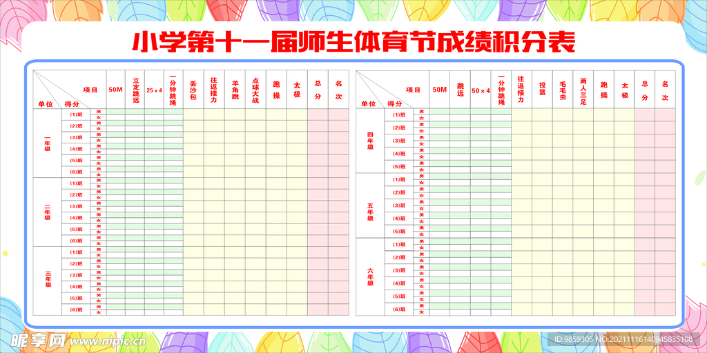 小学师生体育节成绩积分表