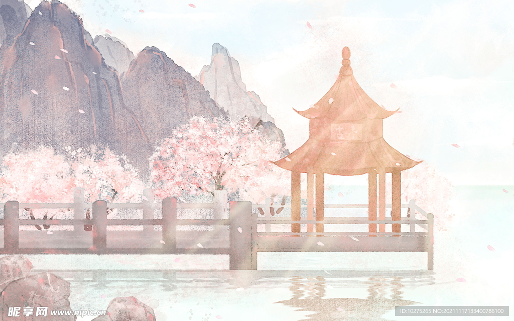 水彩风格唯美古风建筑插画