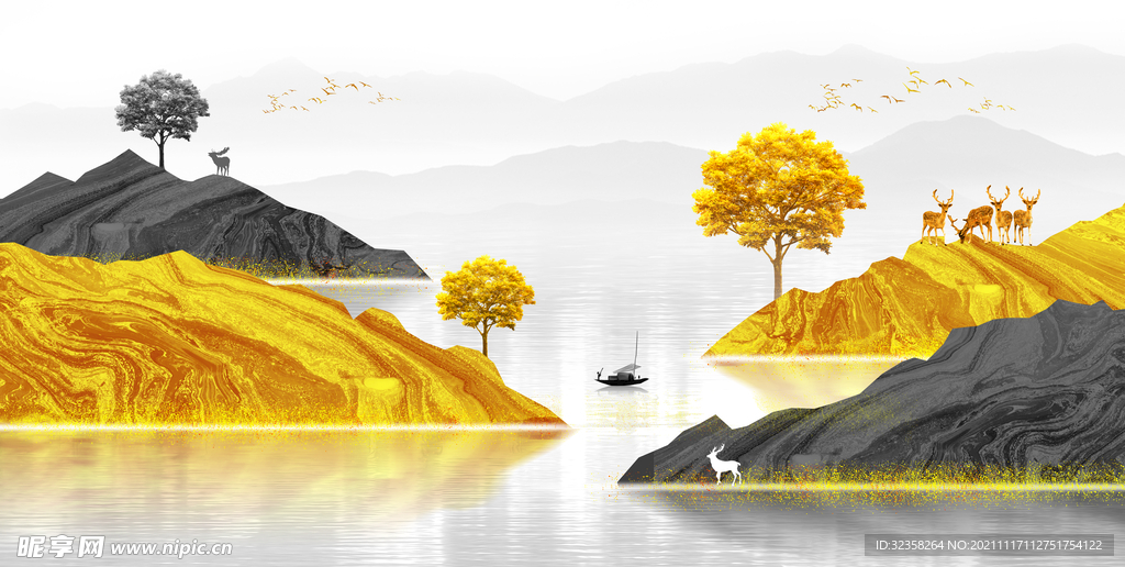 金色山水麋鹿晶瓷画