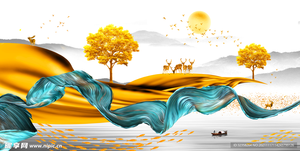 金色山水麋鹿晶瓷画