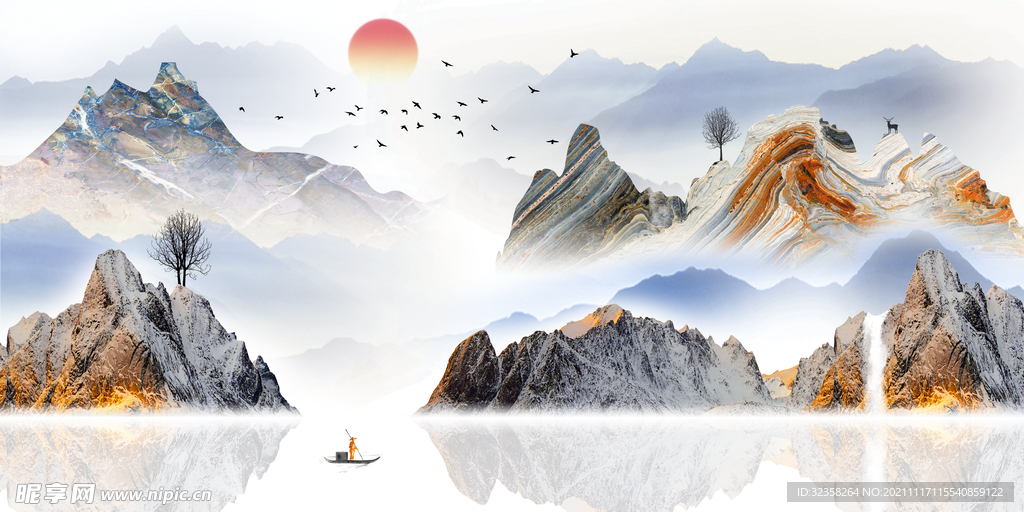 意境山水麋鹿晶瓷画