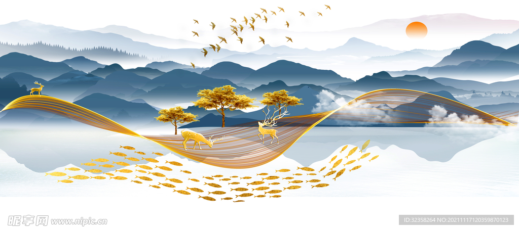 飘带金色麋鹿意境山水装饰画
