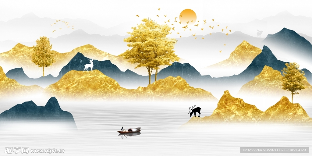 金色麋鹿意境山水装饰画