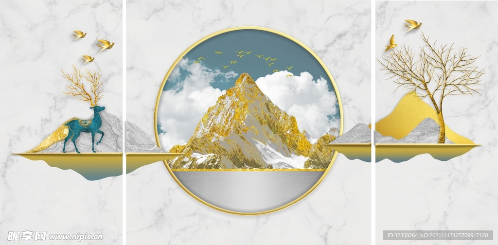 金色麋鹿意境山水装饰画