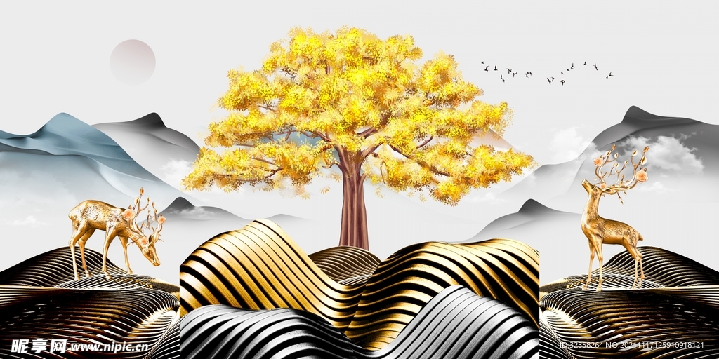 金色麋鹿山水装饰画
