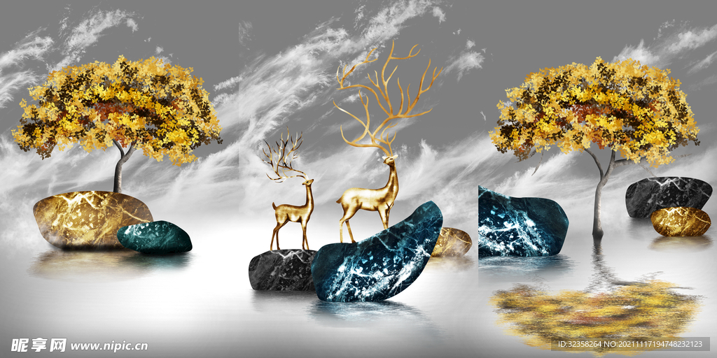 金色麋鹿山水装饰画