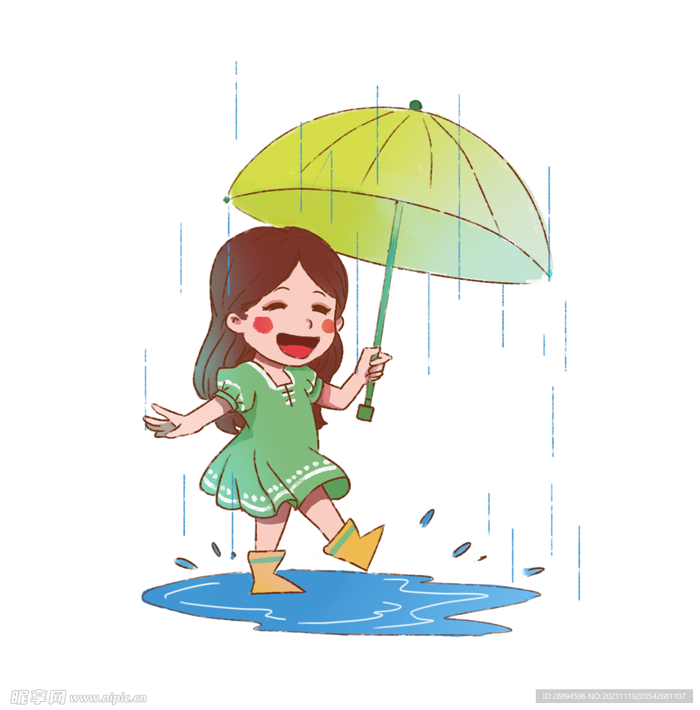 卡通女孩雨中玩耍.