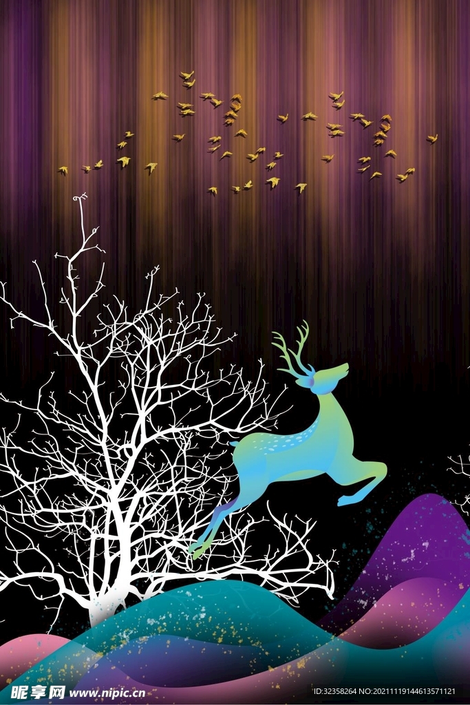 麋鹿发财树装饰画