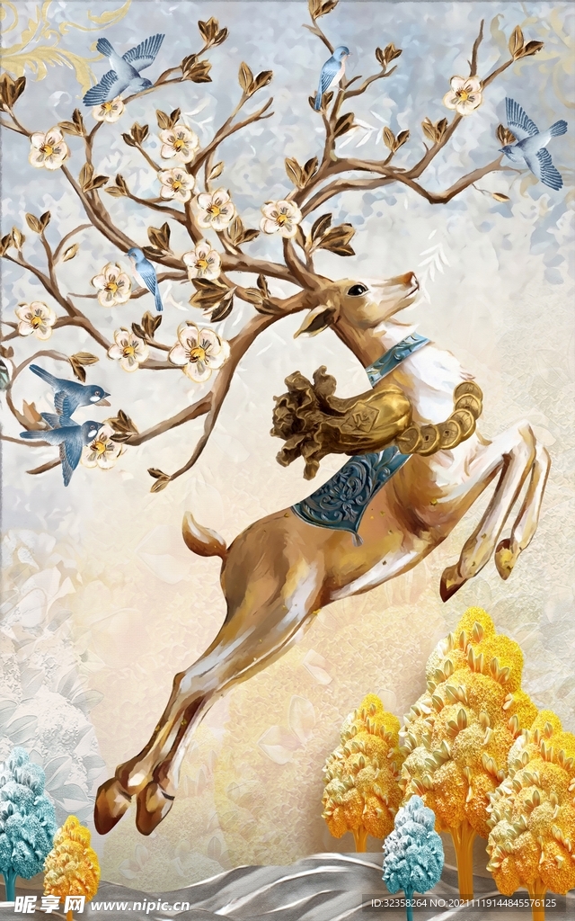 金色麋鹿意境山水装饰画