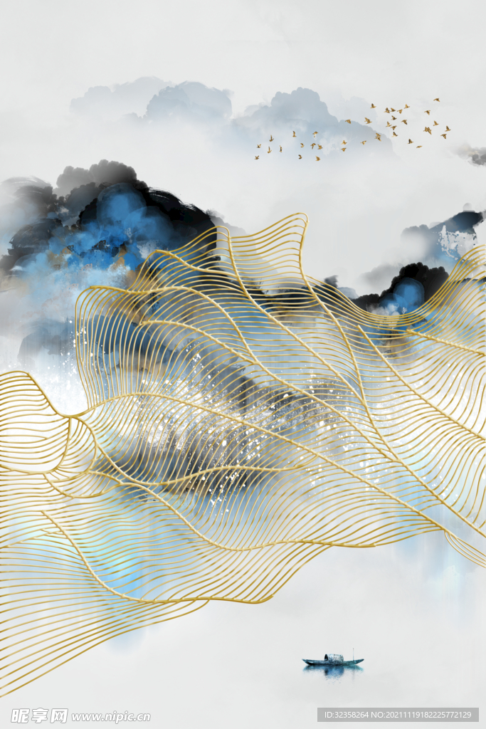 金色线条意境山水装饰画