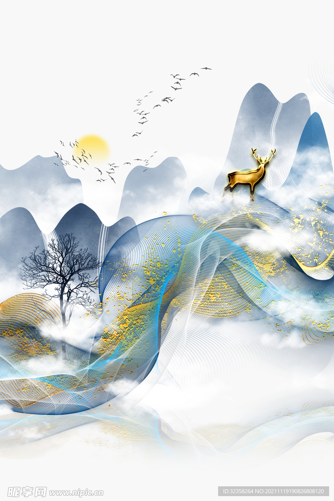 金色麋鹿意境山水装饰画