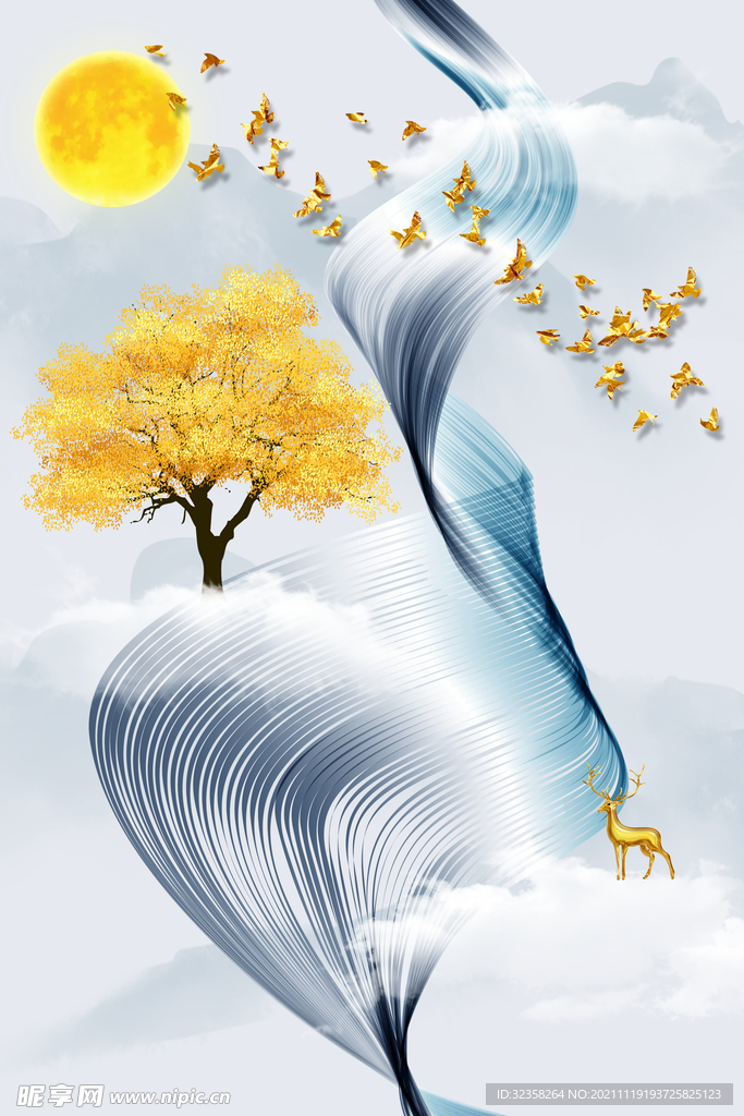 麋鹿飘带金色山水玄关