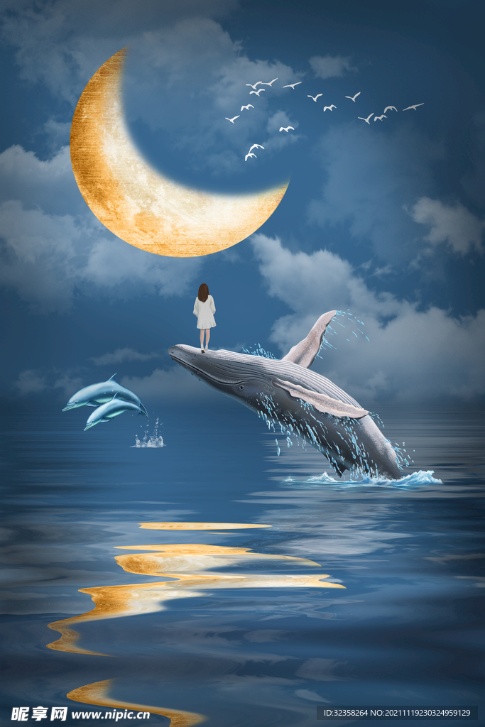 月亮鲸鱼艺术装饰画