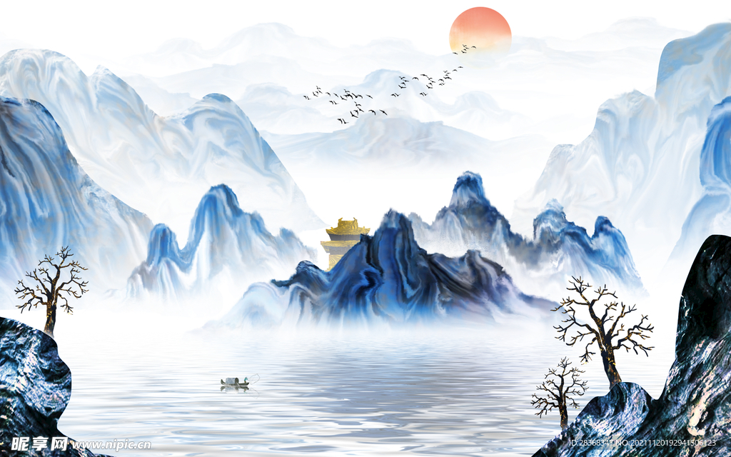 水墨山水海报背景 