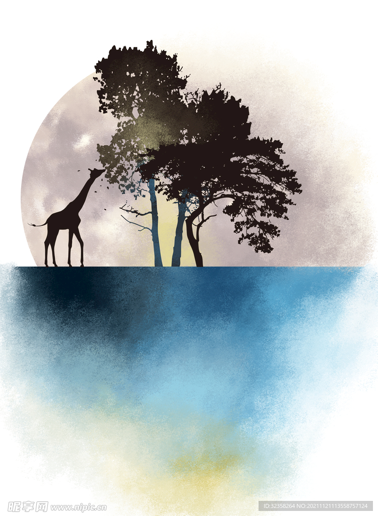 长颈鹿发财树装饰画