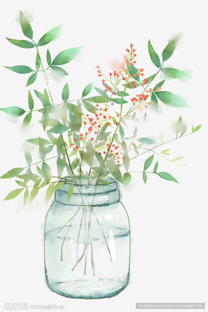 小清新水彩植物花瓶北欧装饰画