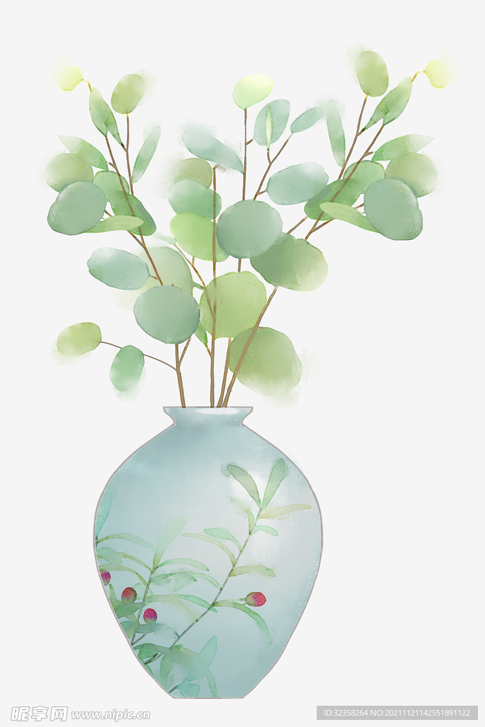 小清新水彩植物花瓶北欧装饰画 
