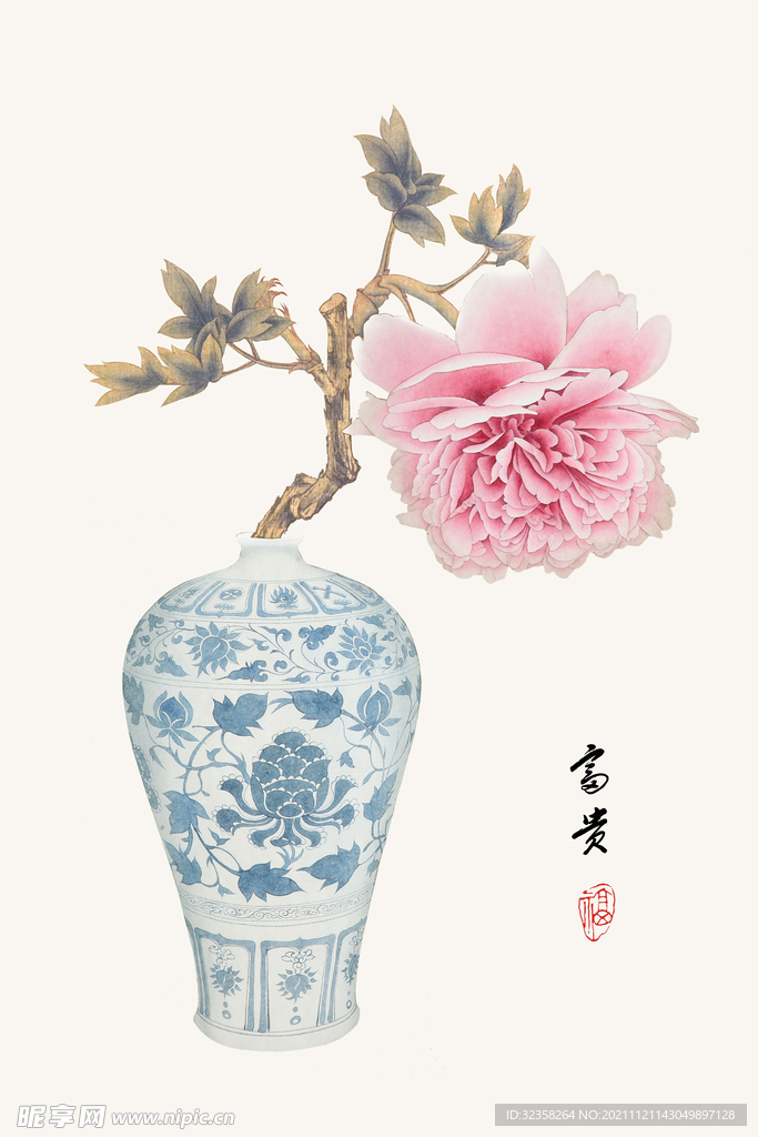 古风青花瓷花开富贵装饰画