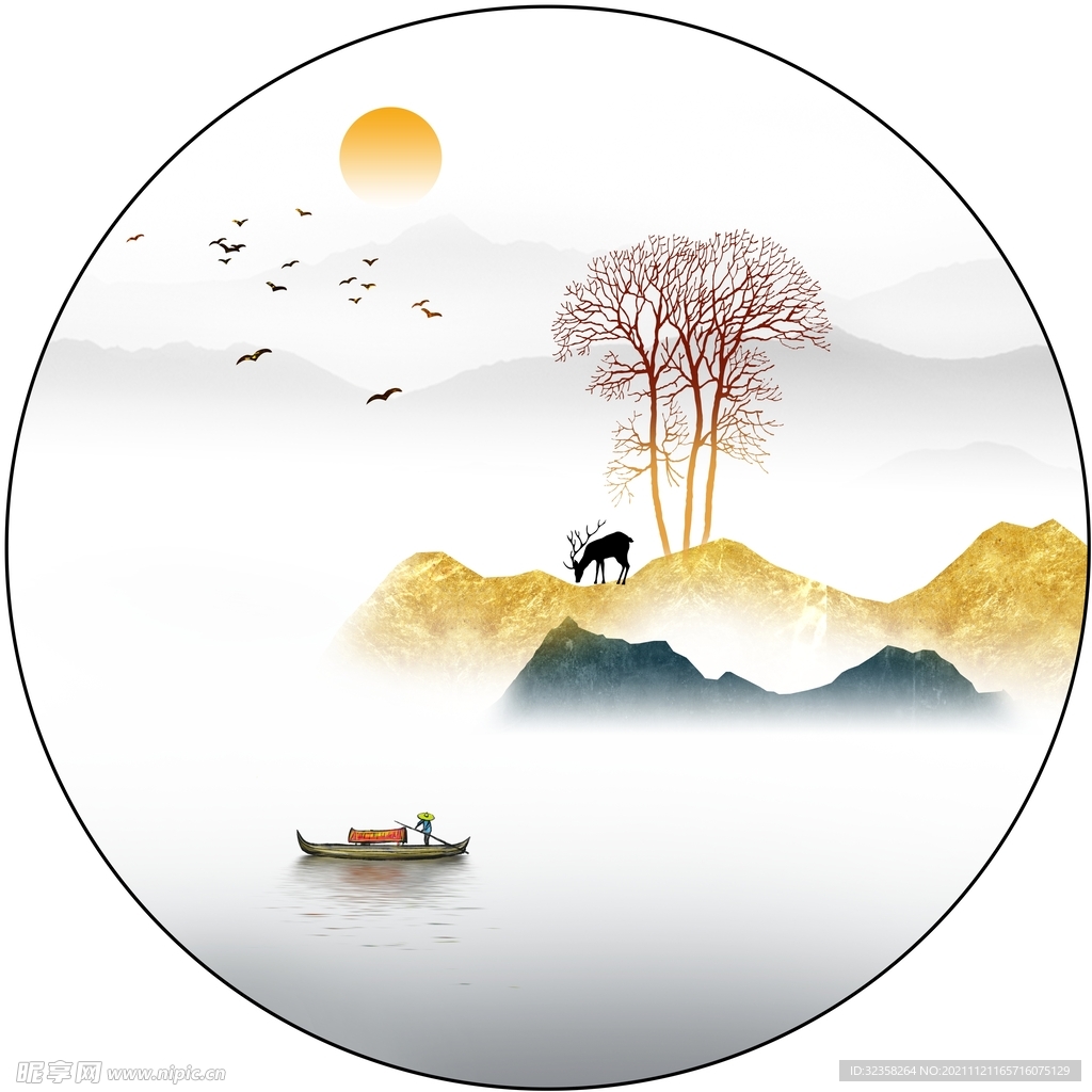 麋鹿意境山水装饰画