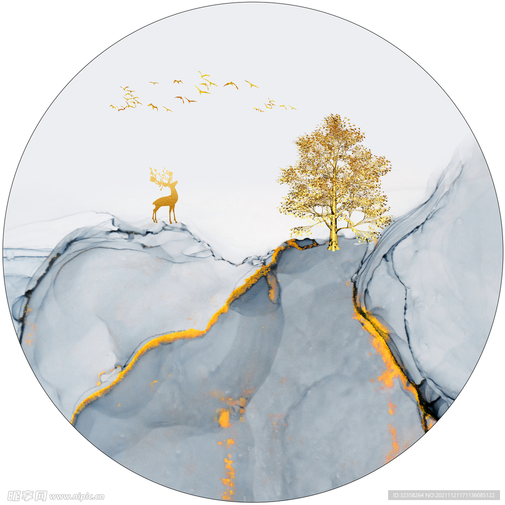 麋鹿意境山水圆形装饰画