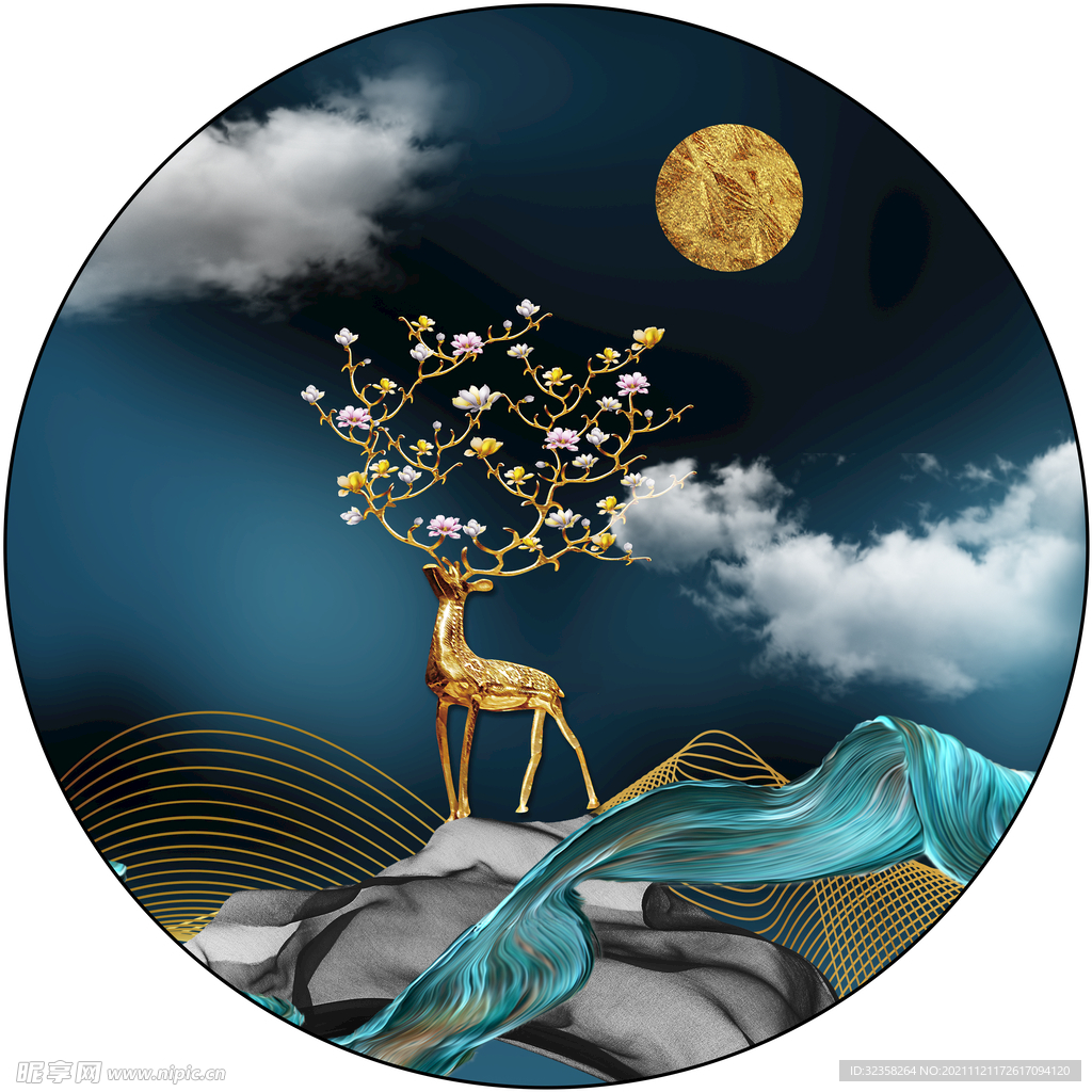 金色麋鹿飘带山水装饰画