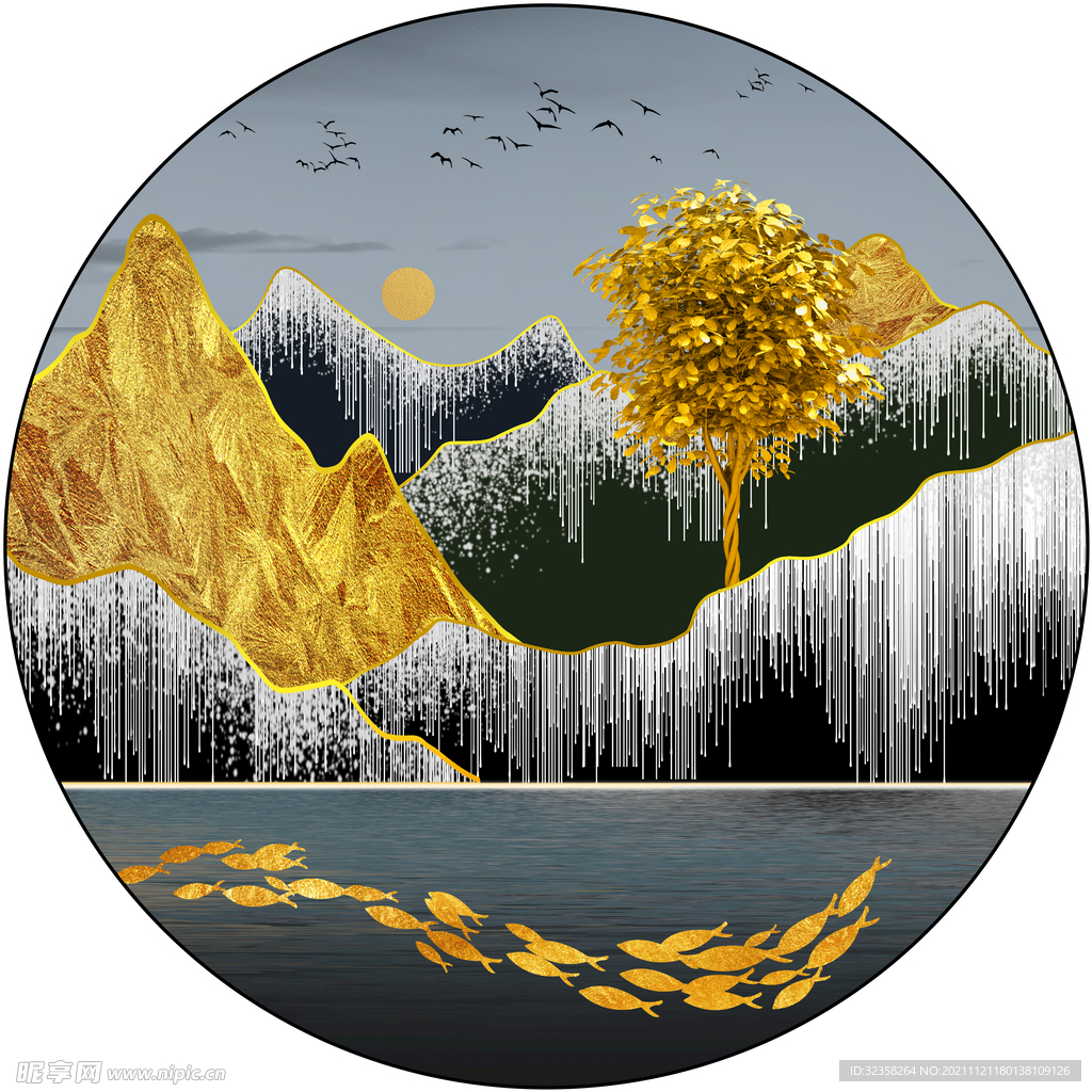 金色线条山水装饰画