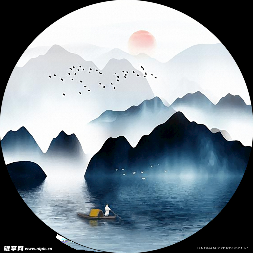 禅意意境山水圆形玄关