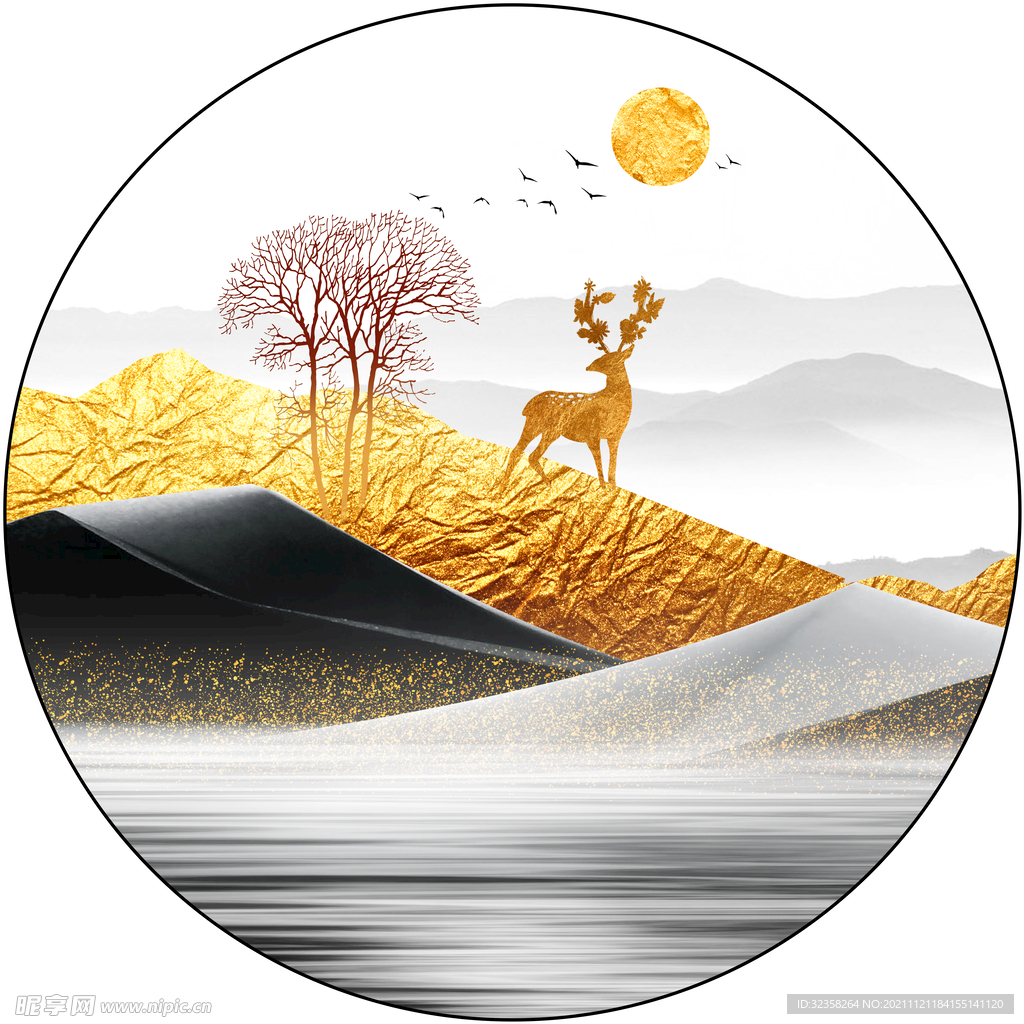 麋鹿意境山水装饰画