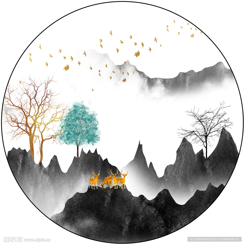 金色麋鹿意境山水装饰画