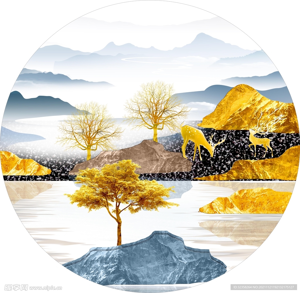 金色麋鹿山水装饰画