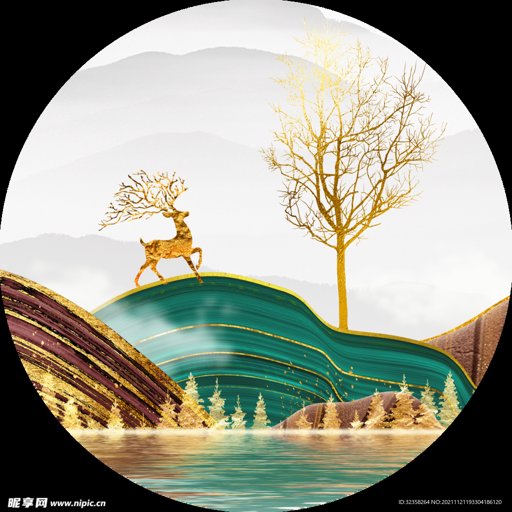 金色麋鹿山水装饰画