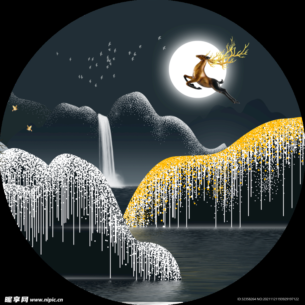 金色麋鹿线条山水装饰画