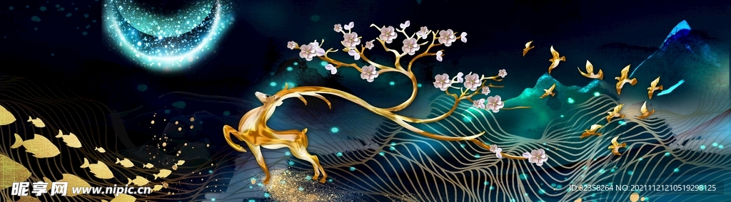 金色麋鹿意境山水装饰画
