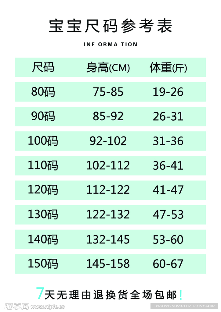 儿童尺码参考表