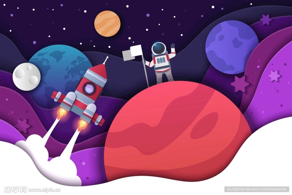 剪纸的太空人动画片与宇航员火箭