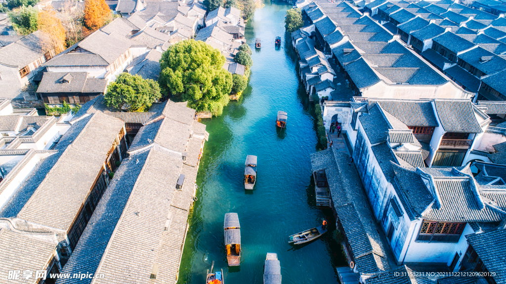 航拍江南水乡乌镇风景