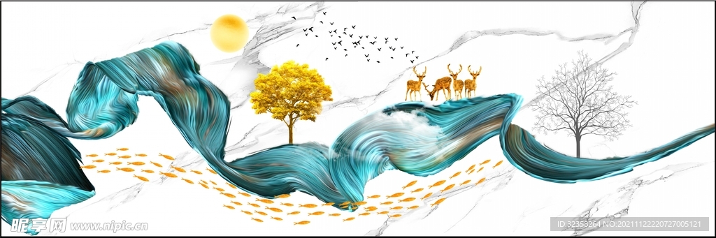 金色麋鹿山水艺术晶瓷画