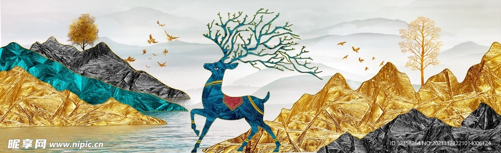 金色麋鹿意境山水装饰画