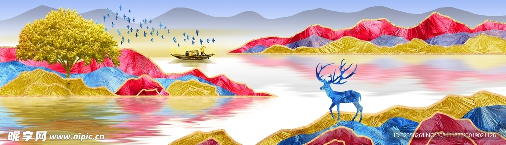 珐琅彩麋鹿山水艺术晶瓷画