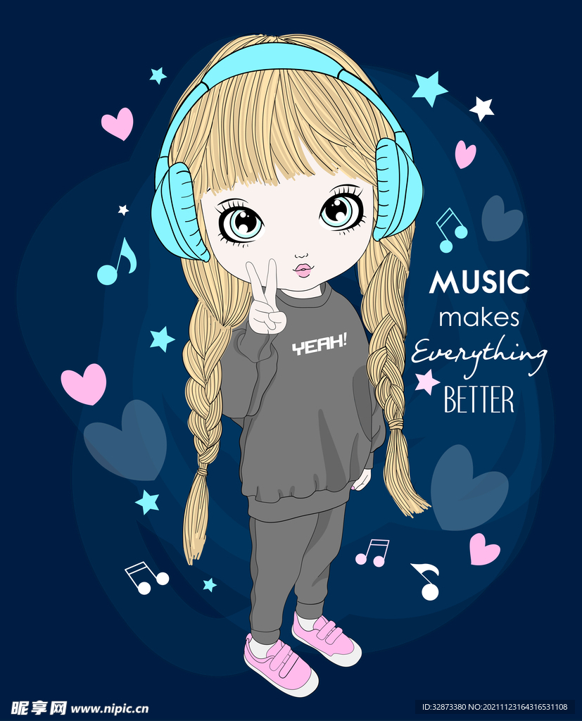 手绘矢量图女孩听音乐