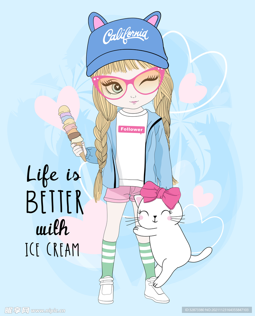 手绘矢量图小女孩猫咪冰淇淋