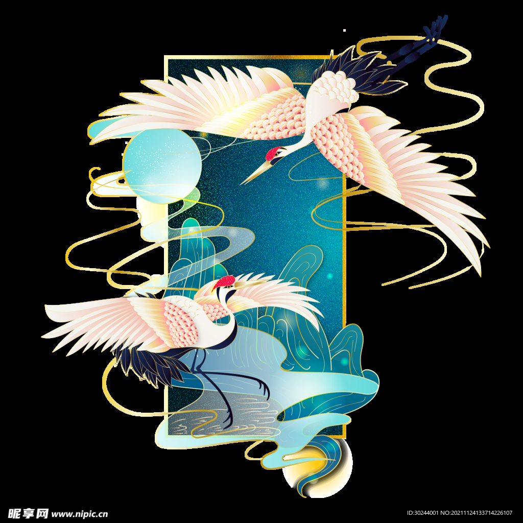 青绿金线国风仙鹤素材