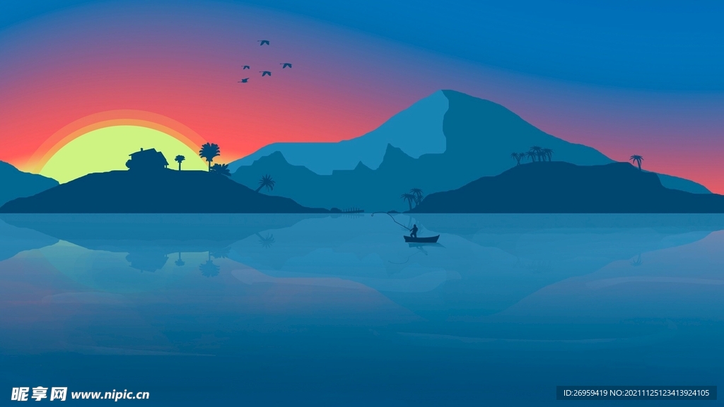 蓝色山峰风景画